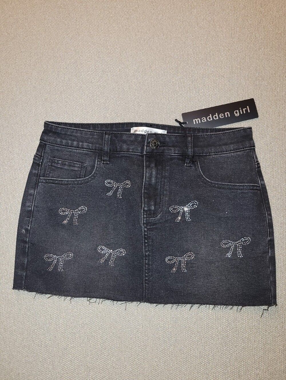 Madden Girl Size 5 Juniors Black Denim Micro Mini Rhinestone Bow Skirt NWT